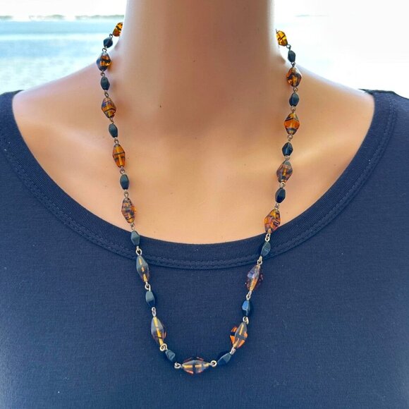 Beaded Necklace Black Amber Brown Beads 24 Inch Length - Picture 1 of 3